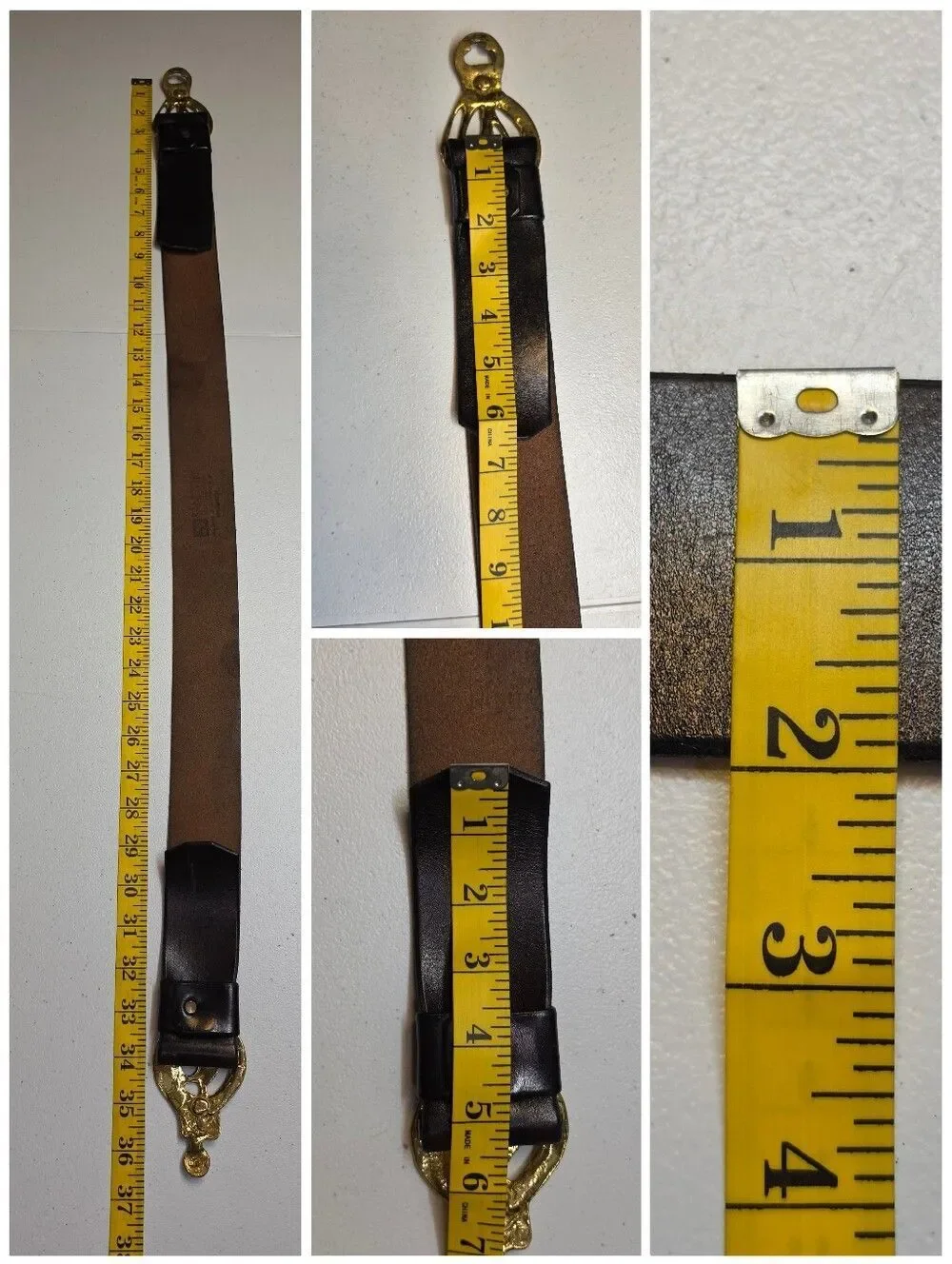 Vintage Deep Brown Leather Belt Gold Tone Brass Mod Brutalist Sculpted Buckles